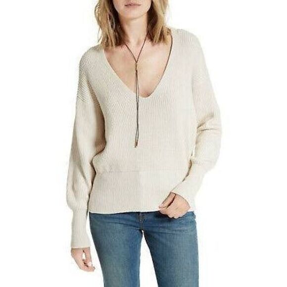 FREE PEOPLE Sweater Ivory Allure V-Neck Ribbed Pullover Womens - Picture 1 of 5